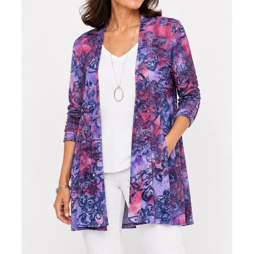 Susan Graver Purple Floral Burnout Open Front Cardigan Pockets Womens XLP XL
